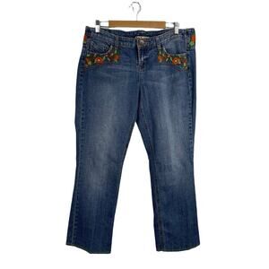 VTG Lei Y2k Blue Denim Low Rise Ashley Jeans Orange Floral Boho Embroidery 15
